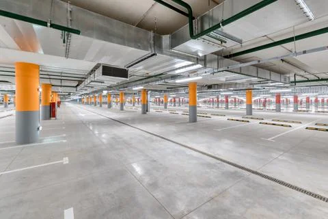 Large underground parking. Stock Photos