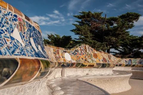 Large undulating seating area in centre of Guell Park, Barcelona. Stock Photos