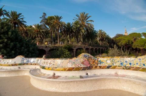 Large undulating seating area in centre of Guell Park, Barcelona. Stock Photos