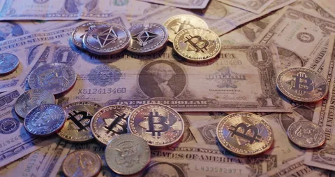 Large US Dollar banknote with Bitcoin cryptocurrency. Coins and banknotes Stock Footage 176949051