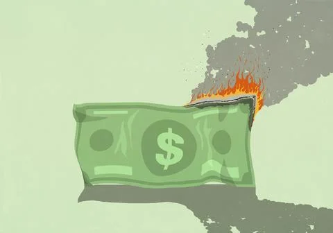 Large U.S. dollar bill burning on green background Stock Illustration
