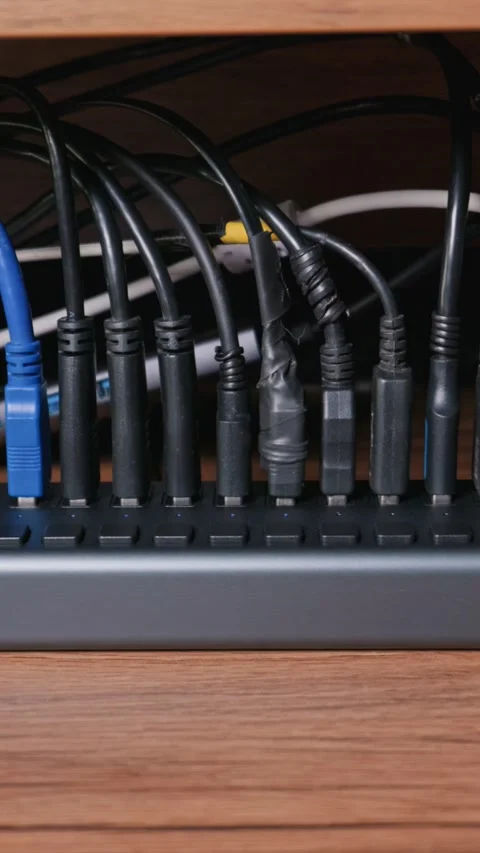 Large USB Hub With Many Cables Plugged In On A Wooden Desk Stock Footage 331141580