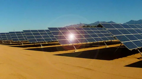 Large Utility Company Solar Panel Array With Sun Reflection Stock Footage 48907274