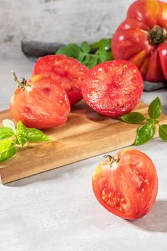 Large variety of tomatoes on rustic kitchen counter. Preparation of tomato sa Stock Photos