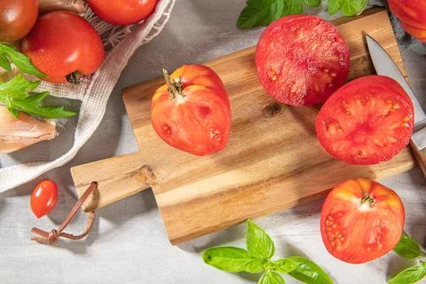 Large variety of tomatoes on rustic kitchen counter. Preparation of tomato sa Stock Photos