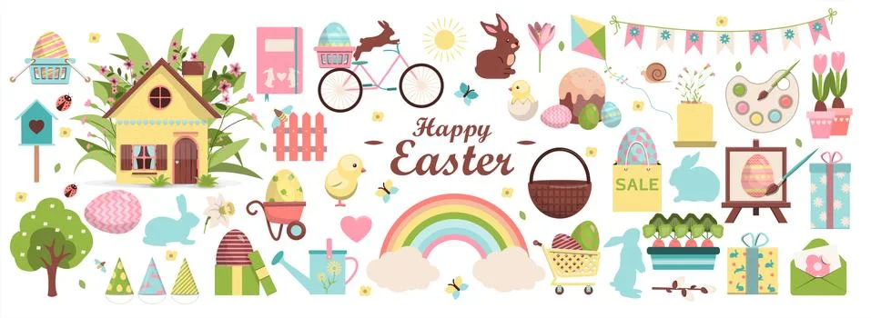 Large vector Easter set. Flat design featuring hares, butterflies, painted eggs Stock Illustration