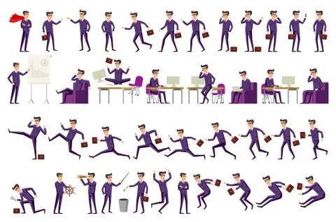 Large vector set of businessman character poses, gestures and actions. Offi.. Stock Illustration