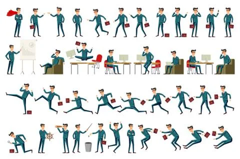 Large vector set of businessman character poses, gestures and actions. Offi.. Stock Illustration