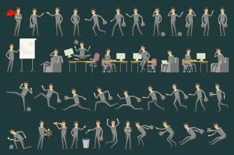 Large vector set of businessman character poses, gestures and actions. Offi.. Stock Illustration