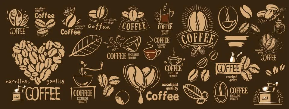 Large vector set of drawn logos and coffee elements 库存插图