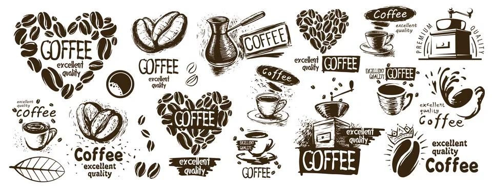 Large vector set of drawn logos and coffee elements 库存插图