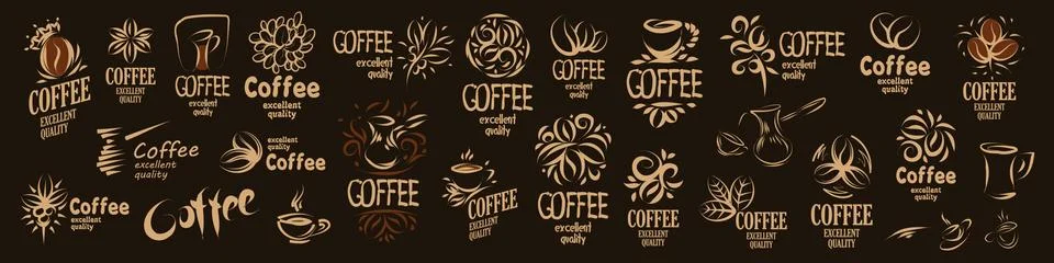 Large vector set of drawn logos and coffee elements Stock Illustration