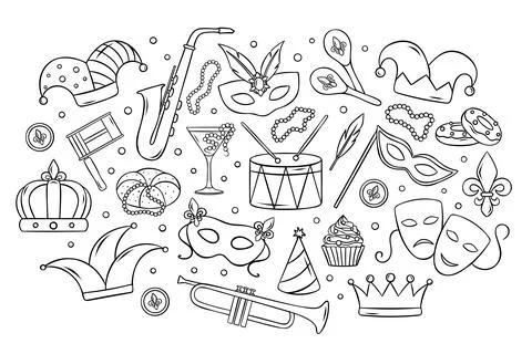 Large vector set, Mardi Gras, carnival masks, crown, jester's hat, beads, m.. 스톡 일러스트