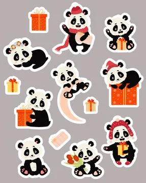 Large vector set of stickers with cute pandas. funny bear character in hat, and Stock Illustration