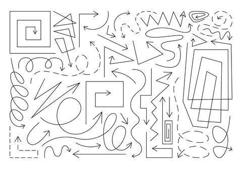 Large vector set of various arrows, dotted lines, symbols and squiggles. Stock Illustration