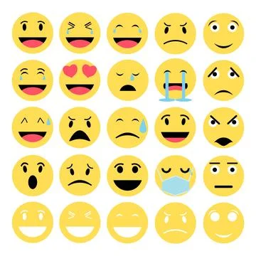 Large vector set of yellow emoji icons with various facial expressions Stock Illustration