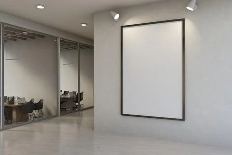 Large vertical poster frame mockup on office hallway wall Stock Illustration