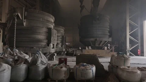 Large vessels in a melting section of a factory, mettalurgy Stock Footage 72766920