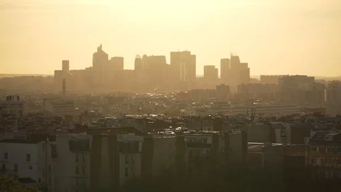Large view of la Defense district in the sunset, Paris, France Stock Footage 104146957