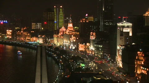 Large view at night of Shanghai Bund - Time Lapse Stock Footage 582447