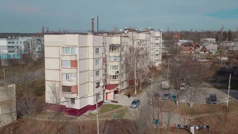 Large view of town with block of flats postcommunist dormitory district. Video stock 296392868