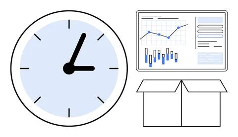 Large wall clock, analytics chart with graphs and data points, and an open bo Illustrazione stock