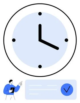 Large wall clock emphasizes time management with businessman pointing to ch.. Stock Illustration