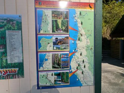 Large wall-mounted map showcases redwood coast attractions Stock Photos