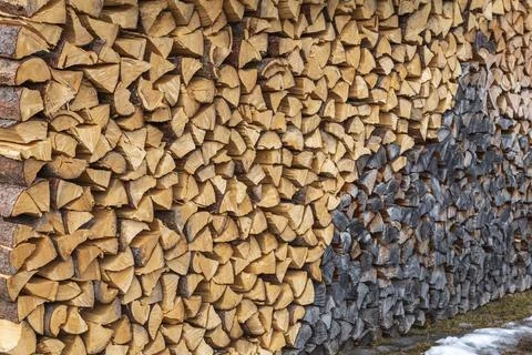 Large wall of stacked split logs showing a contrast between fresh wood 库存照片