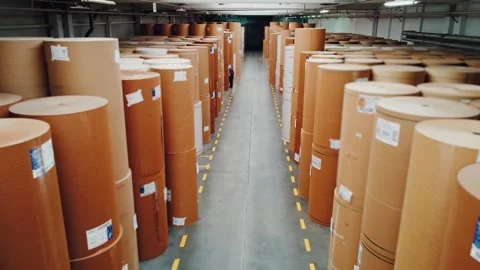 Large warehouse filled with paper rolls, Industrial warehouse housing stacked Stock Footage 322197816