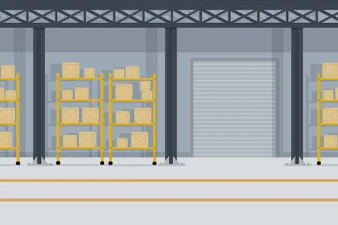 A large warehouse with goods for the delivery of boxes of parcels of goods on Stock Illustration