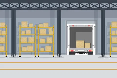 A large warehouse with goods for the delivery of boxes of parcels of goods on Stock Illustration