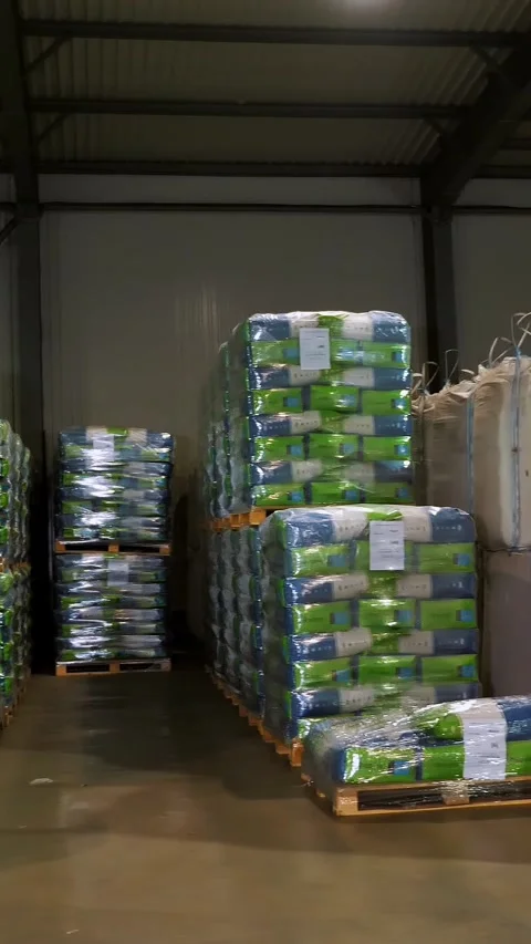 Large warehouse for grain storage, grain products such as corn, sunflower are in Stock Footage 319483179