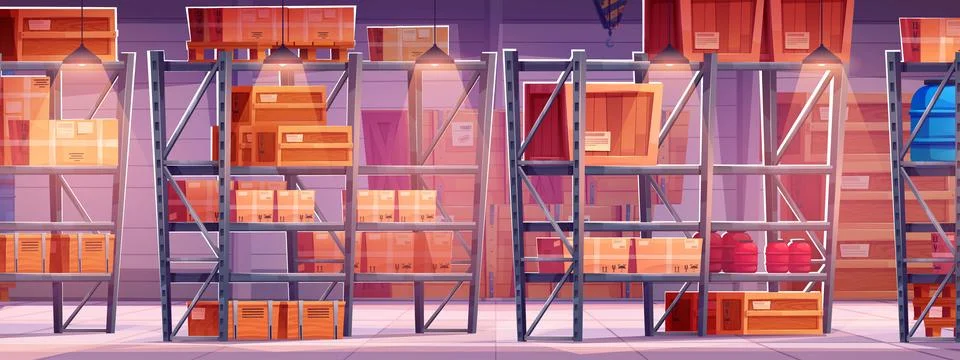 Large warehouse interior cartoon vector Stock Illustration