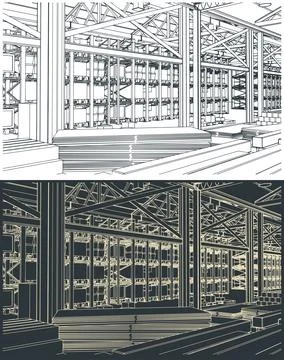 Large warehouse interior sketches Stock Illustration