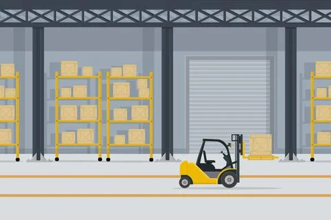 Large warehouse with shelves and boxes for goods and parcels by forklift yell Illustrazione stock