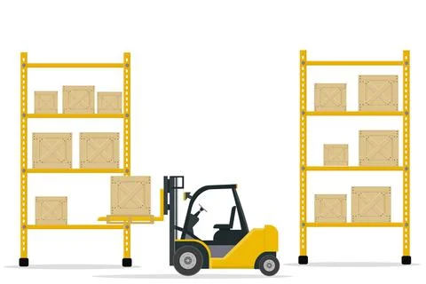 Large warehouse with shelves and boxes for goods and parcels by forklift yell Illustrazione stock