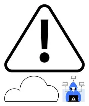 Large warning sign with exclamation mark at top center, hacker figure in blue 스톡 일러스트