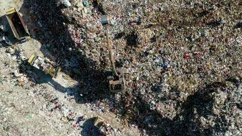 Large Waste Dump and Trash Truck with Garbage in Aerial Top View Time Lapce 4k Stock Footage 248202004