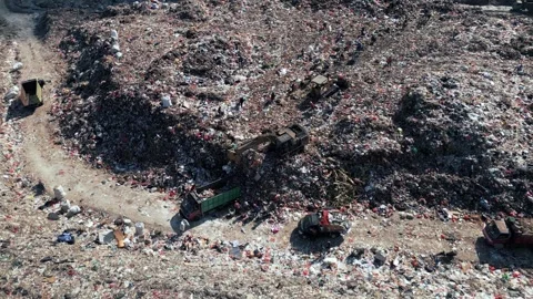 Large Waste Dump and Trash Truck with Garbage in Aerial Top View 4k 스톡 동영상 255291934