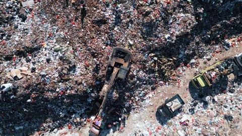 Large Waste Dump and Trash Truck with Garbage in Aerial Top View 4k Stock Footage 260676361