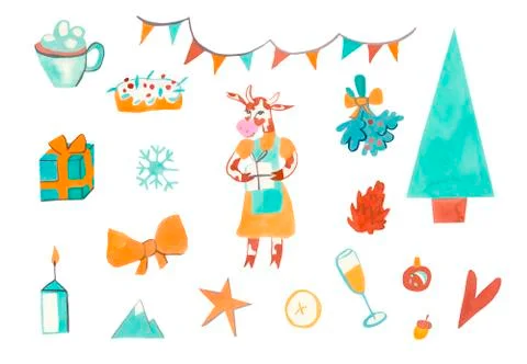 Large watercolor set of Christmas elements with a cow. Stock Illustration