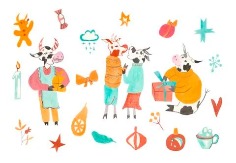 Large watercolor set of Christmas elements with bulls. Stock Illustration