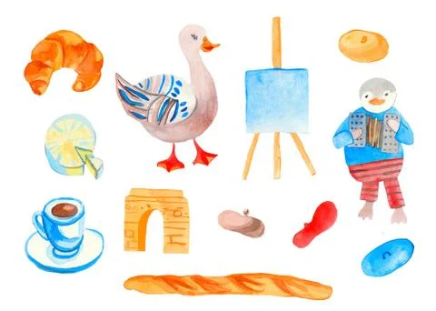 A large watercolor set of French elements.Nice clip art journey to Europe Stock Illustration