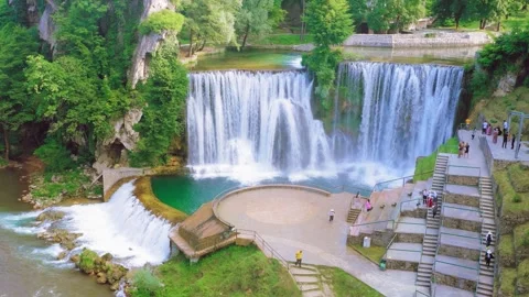 Large waterfall complex with viewing platforms, Bosnia and Herzegovina, Stock Footage 326200380