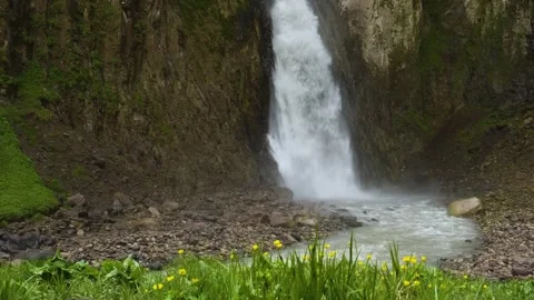 Large Waterfall Flows from Cliff in Kara-Syrt Ridge, Dagestan, Caucasus Mountain Stock Footage 325637932