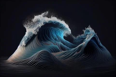 A large wave is breaking over a black background with a blue sky and water .. Illustrazione stock