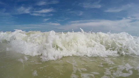 Large wave crashing on camera. POV Stock Footage 87421126