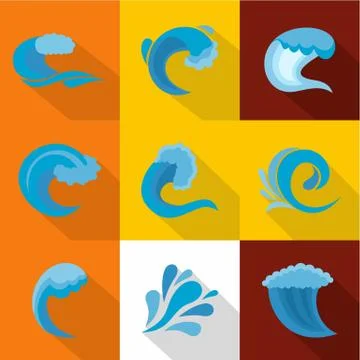 Large wave icons set, flat style Stock Illustration