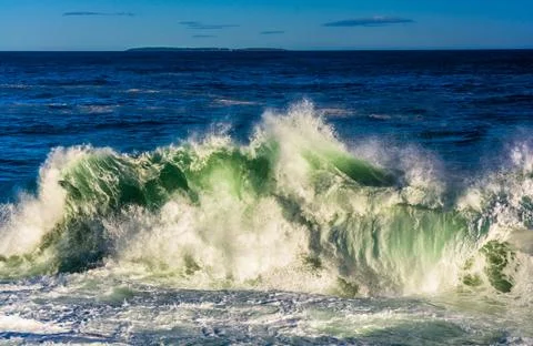 Large waves in the atlantic ocean seen from pemaquid point, maine. Stock Photos